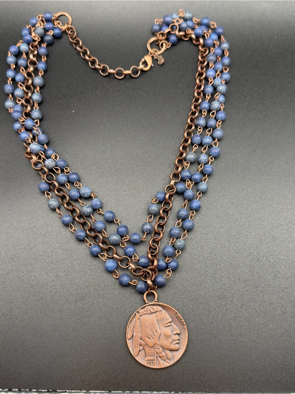 The Jewelry Junkie Blue beaded Indian Head Medallion coin necklace #K81
